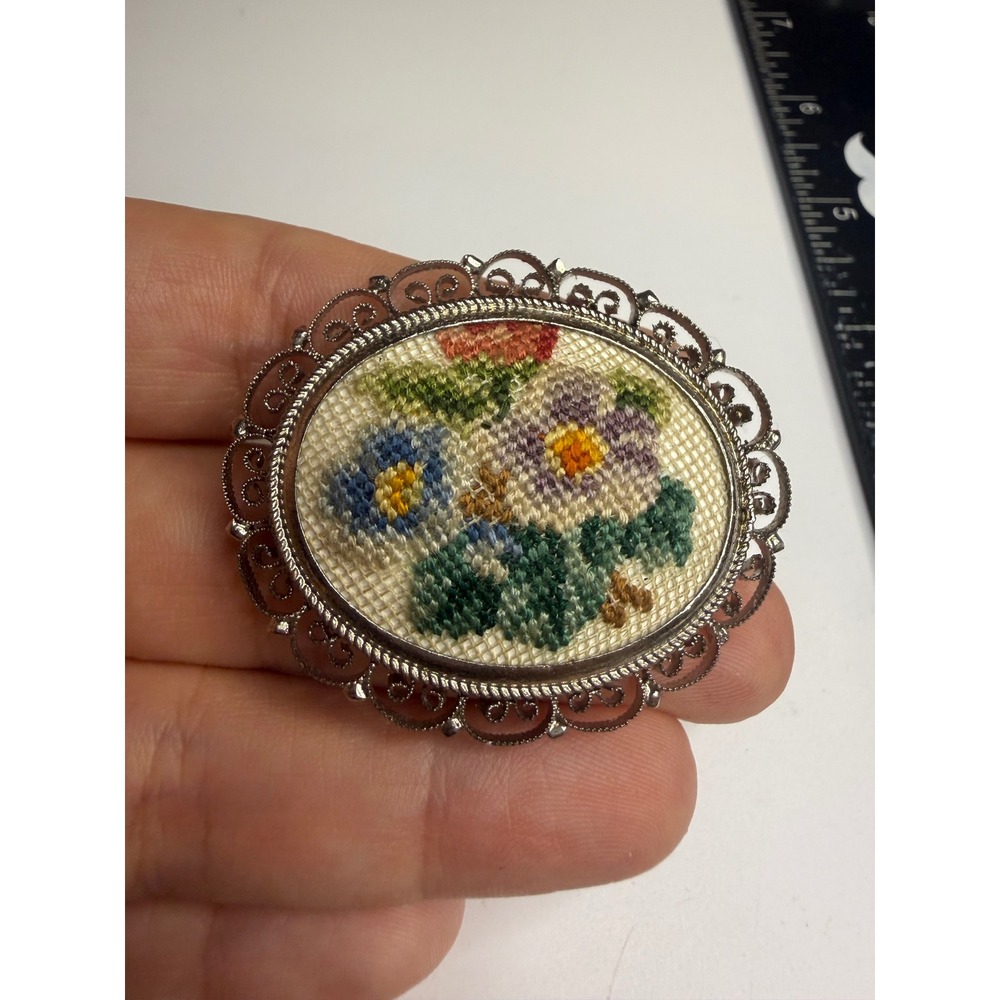 Vintage Petit Point Needlepoint Floral Brooch Silver Tone Filigree Oval Pin